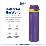 A purple and yellow stainless steel water bottle stands against a white background; it advertises durability, recyclability, and odor resistance. The bottle's surface is imprinted with 