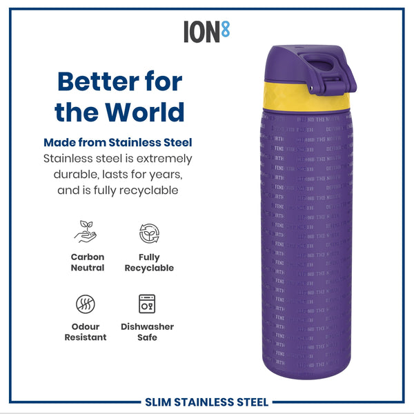 A purple and yellow stainless steel water bottle stands against a white background; it advertises durability, recyclability, and odor resistance. The bottle's surface is imprinted with "DEFEND THE NORTH".