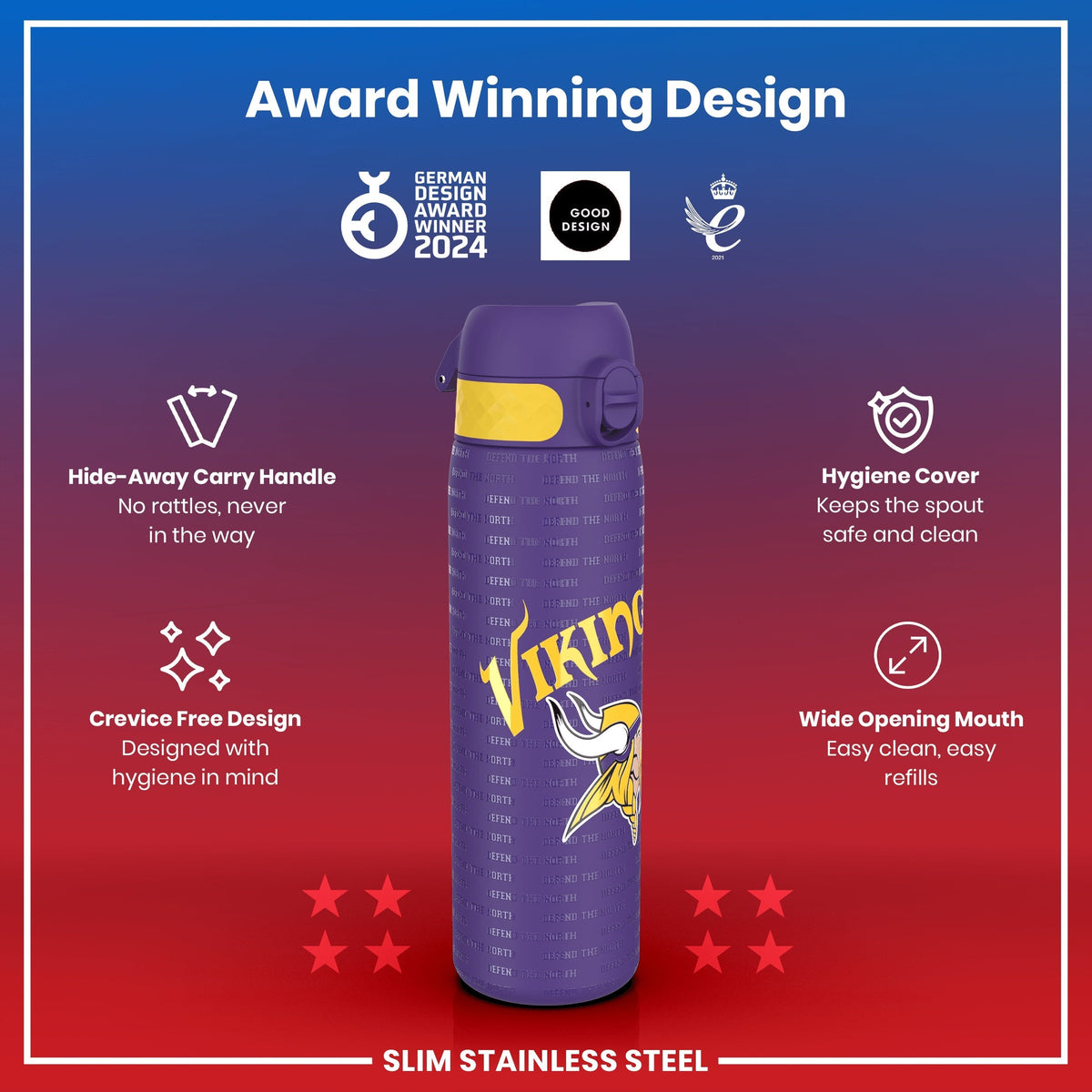 A purple and yellow slim stainless steel water bottle, featuring a Viking logo and text, sits against a red and blue background. The bottle displays several design features, including a hide-away handle, hygiene cover, and wide opening mouth. “Award Winning Design” is prominently displayed at the top.