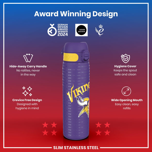 A purple and yellow slim stainless steel water bottle, featuring a Viking logo and text, sits against a red and blue background. The bottle displays several design features, including a hide-away handle, hygiene cover, and wide opening mouth. “Award Winning Design” is prominently displayed at the top.