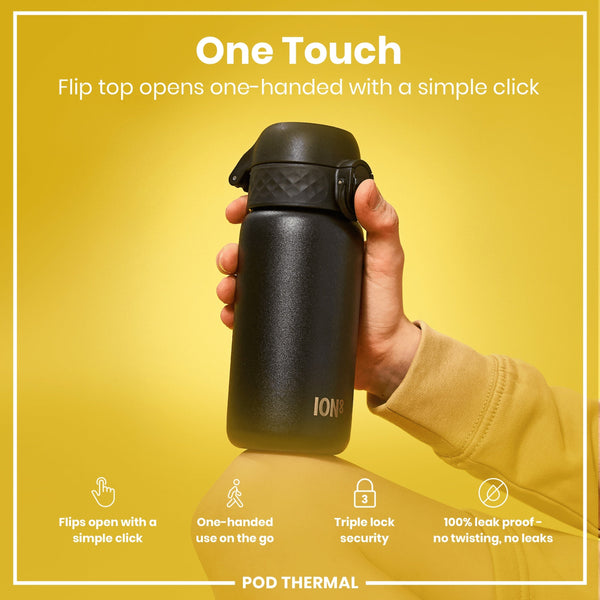A black ION8 water bottle is held, its flip top opened one-handed. The bottle is shown against a yellow background, showcasing its features: one-handed use, triple lock security, and leakproof design.