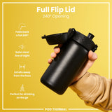 A black water bottle with a flip lid is held; the lid is open to 240 degrees against a yellow background. Full Flip Lid, 240° Opening; POD THERMAL.