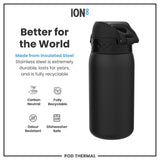 A black insulated steel water bottle sits against a white background. It is made from recyclable, durable stainless steel; it's carbon neutral, odour resistant, and dishwasher safe.
