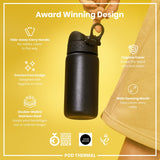 A black, double-walled stainless steel water bottle is being held against a yellow background. The bottle features a hide-away carry handle, crevice-free design, hygiene cover, and a wide opening mouth. It's a 2024 German Design Award winner.