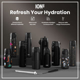Several ION8 water bottles, in various sizes and designs, are displayed on a gray surface. The bottles are predominantly black, some with colorful space-themed designs. Accompanying text promotes the product line and its accessories.