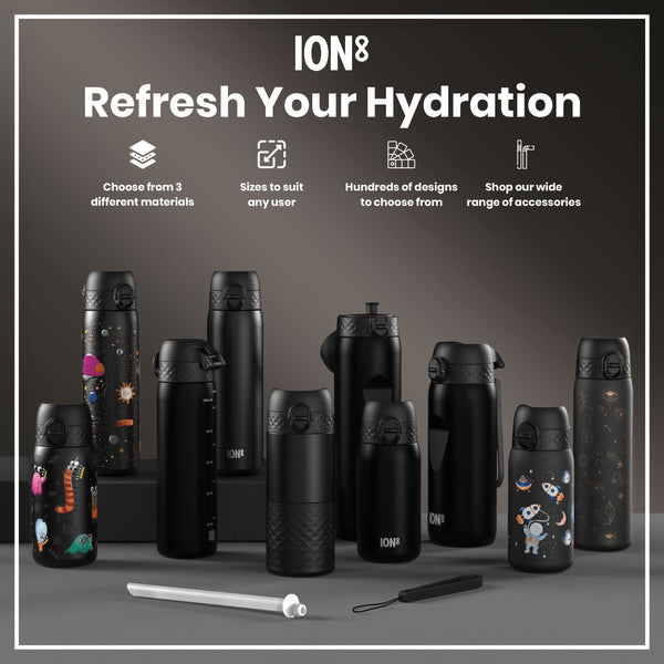 Several ION8 water bottles, in various sizes and designs, are displayed on a gray surface. The bottles are predominantly black, some with colorful space-themed designs. Accompanying text promotes the product line and its accessories.