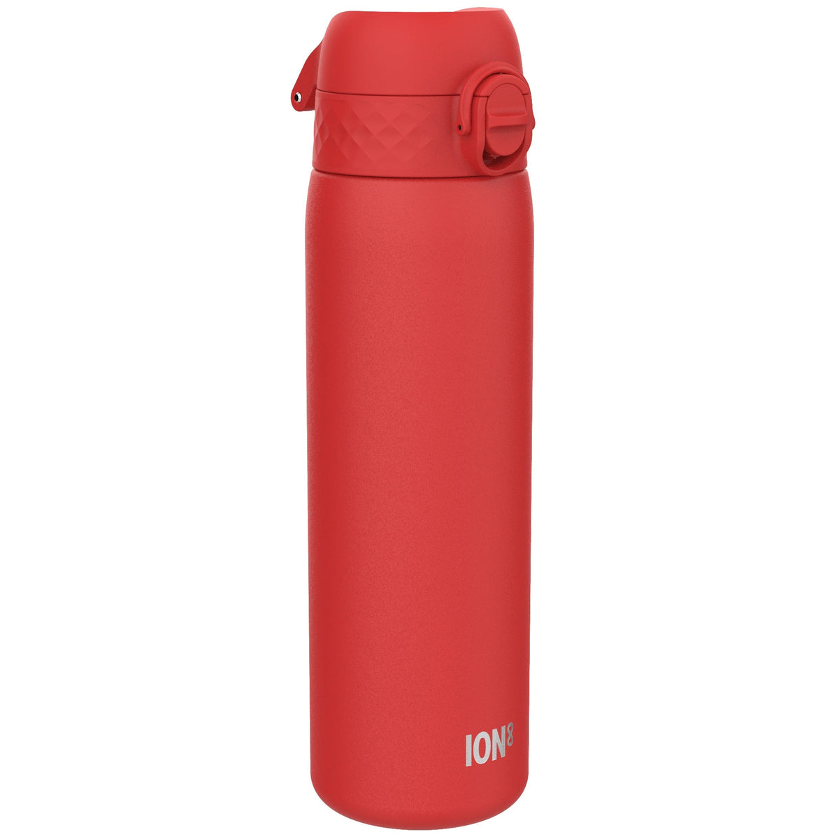 A red ION8 water bottle stands upright against a white background. The bottle has a screw-on lid with a carrying loop.