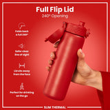 A red, slim thermal water bottle is held; its flip lid is open, showcasing a 240° opening. The bottle is shown against a red background. Full Flip Lid, 240° Opening, and Slim Thermal are also shown in text.