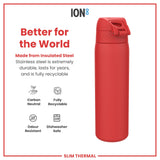 A red insulated steel water bottle sits on a white background; it is made from recyclable, durable material and is dishwasher safe. Better for the World. ION8. SLIM THERMAL.