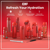 Several red ION8 water bottles, varying in size and design, are displayed on a red surface. A white straw is also present. The background includes text advertising material choices, sizes, designs and accessories.