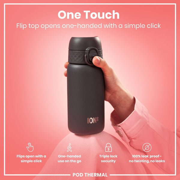 A dark-grey ION8 water bottle is held; its flip-top opens with a single click. A hand holds the bottle against a pink background; text highlights its one-handed operation, triple lock security, and leak-proof design. POD THERMAL is also shown.