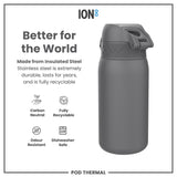 A dark gray insulated steel water bottle sits against a white background; it is carbon neutral, fully recyclable, odor resistant, and dishwasher safe.