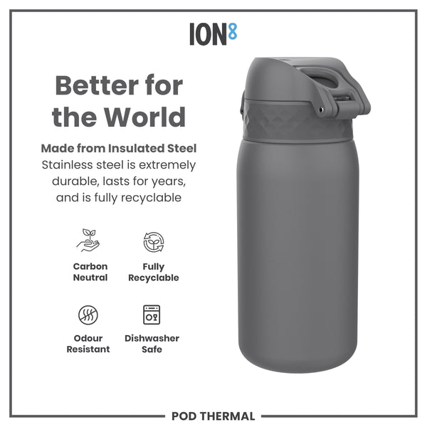 A dark gray insulated steel water bottle sits against a white background; it is carbon neutral, fully recyclable, odor resistant, and dishwasher safe.