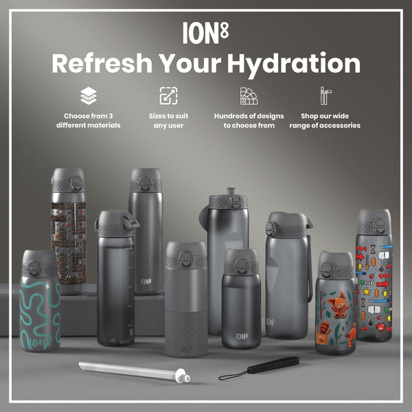 Several ION8 water bottles, various sizes and designs, are displayed on a gray surface; accessories are also shown. The text reads: "ION8 Refresh Your Hydration. Choose from 3 different materials. Sizes to suit any user. Hundreds of designs to choose from. Shop our wide range of accessories."