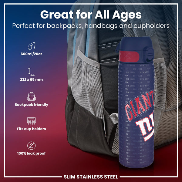 A 600ml/20oz, 232 x 65 mm slim stainless steel water bottle, featuring a New York Giants design, sits in a backpack's side pocket. It's backpack and cupholder friendly, and 100% leak proof.