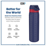 A stainless steel water bottle stands upright. It's dark blue with red accents and embossed text reading 