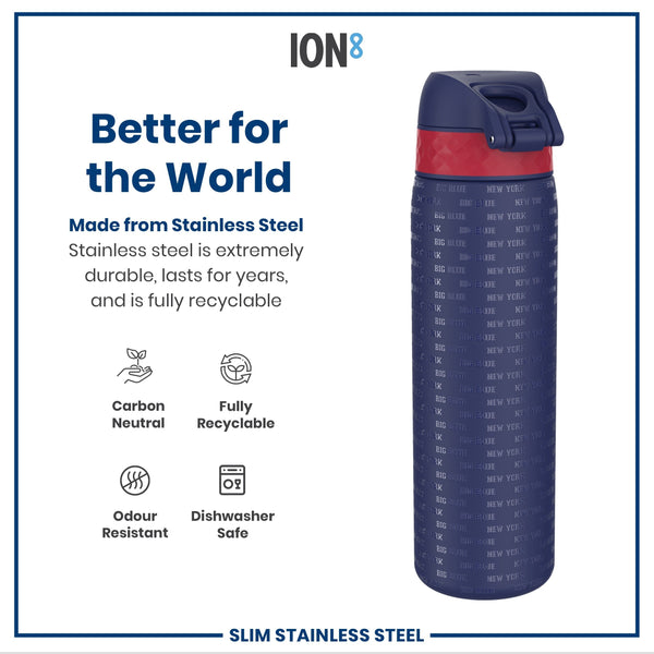 A stainless steel water bottle stands upright. It's dark blue with red accents and embossed text reading "NEW YORK BIG BLUE" repeatedly. The bottle is shown against a white background with text advertising its features.