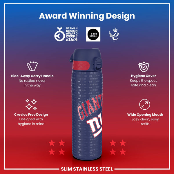 A slim stainless steel water bottle, displaying a New York Giants logo, sits against a red and blue background. Award logos are featured, along with details about its handle, hygiene design, and wide mouth. "Award Winning Design" is also present.
