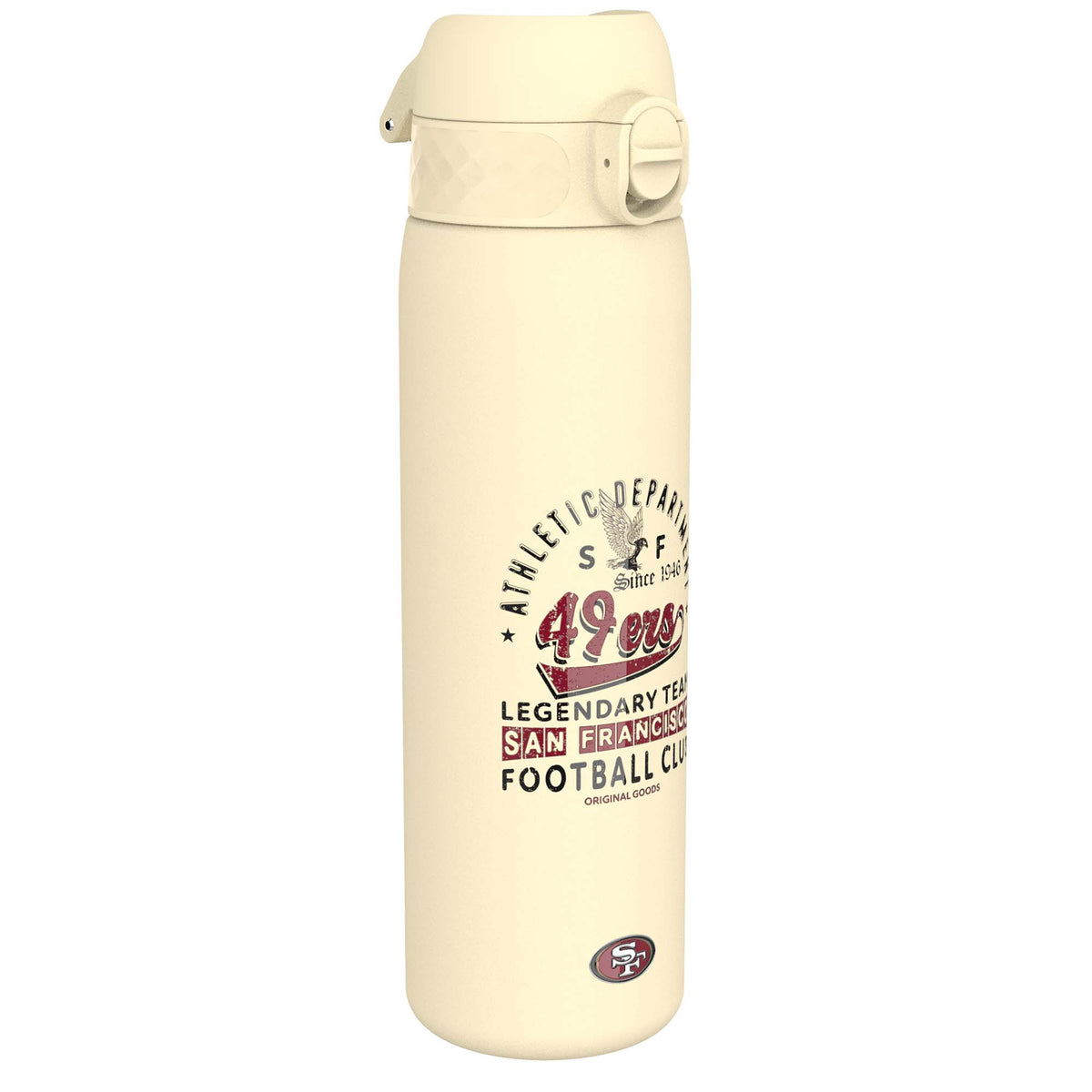 A cream-colored water bottle stands against a white background. It features a flip-top lid and 49ers branding. The bottle displays the text: "ATHLETIC DEPARTMENT, S F, Since 1946, 49ers, LEGENDARY TEAM, SAN FRANCISCO, FOOTBALL CLUB, ORIGINAL GOODS".