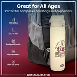 A slim stainless steel water bottle sits in a backpack pocket. It's 600ml/20oz, 232 x 65 mm, backpack and cupholder friendly, and 100% leak proof. The bottle features San Francisco 49ers graphics.