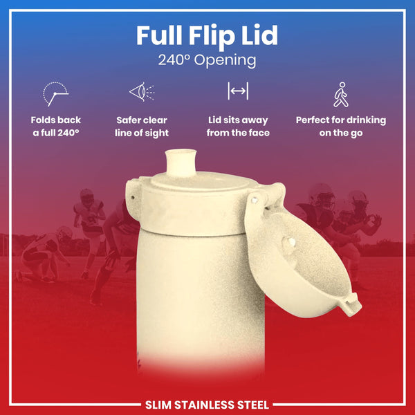 A beige, slim stainless steel water bottle with a flip lid, showing its 240° opening mechanism, against a background of blurry American football players. Full Flip Lid 240° Opening. Folds back a full 240°. Safer clear line of sight. Lid sits away from the face. Perfect for drinking on the go.