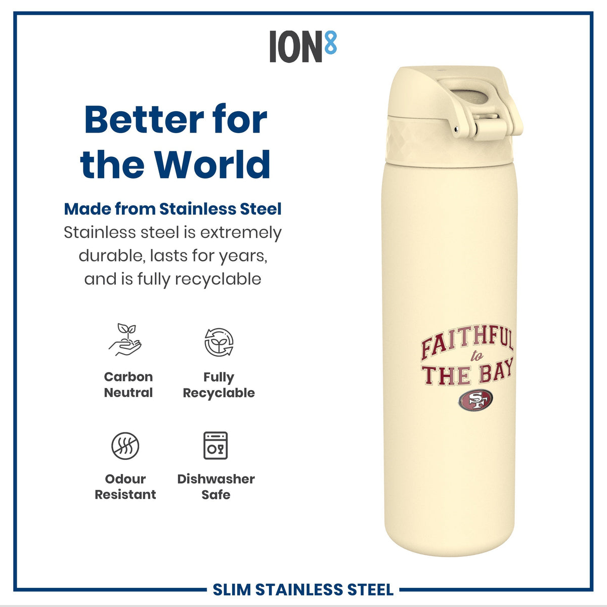 A cream-colored stainless steel water bottle, featuring "FAITHFUL to THE BAY" text and a logo, sits against a white background, showcasing its durability and recyclability.