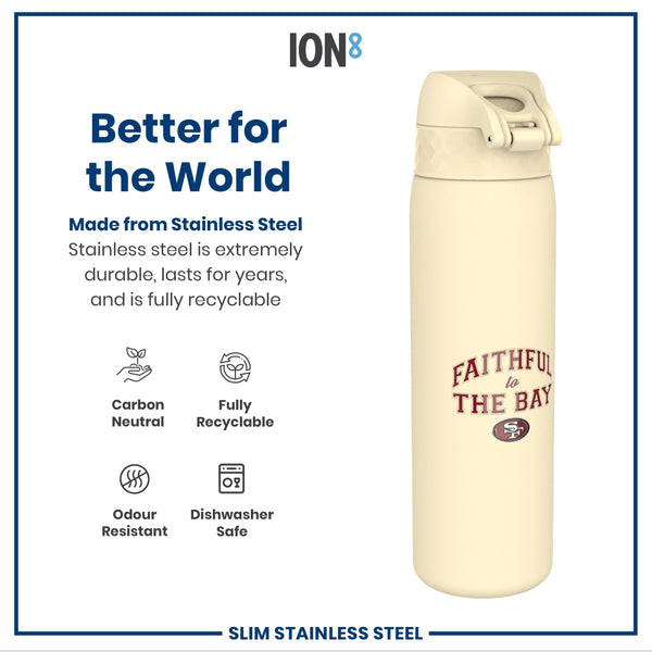 A cream-colored stainless steel water bottle, featuring "FAITHFUL to THE BAY" text and a logo, sits against a white background, showcasing its durability and recyclability.