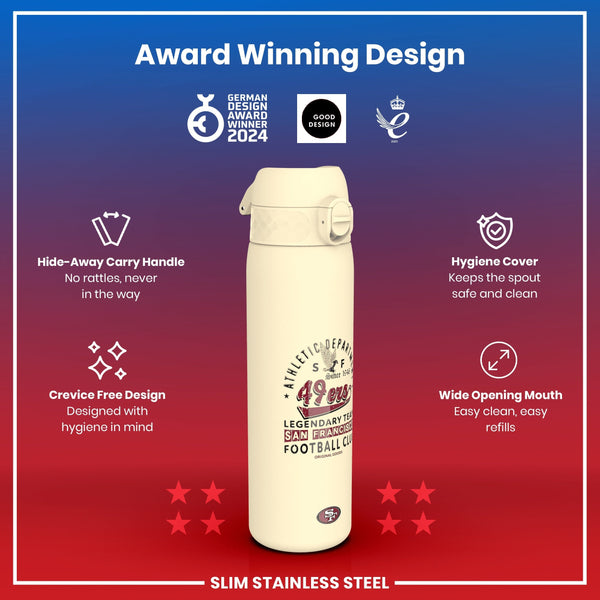 A cream-colored, slim stainless steel water bottle with a 49ers logo sits against a red and purple background. The bottle features a hide-away handle, crevice-free design, hygiene cover, and wide opening mouth. Award-winning design is proclaimed.