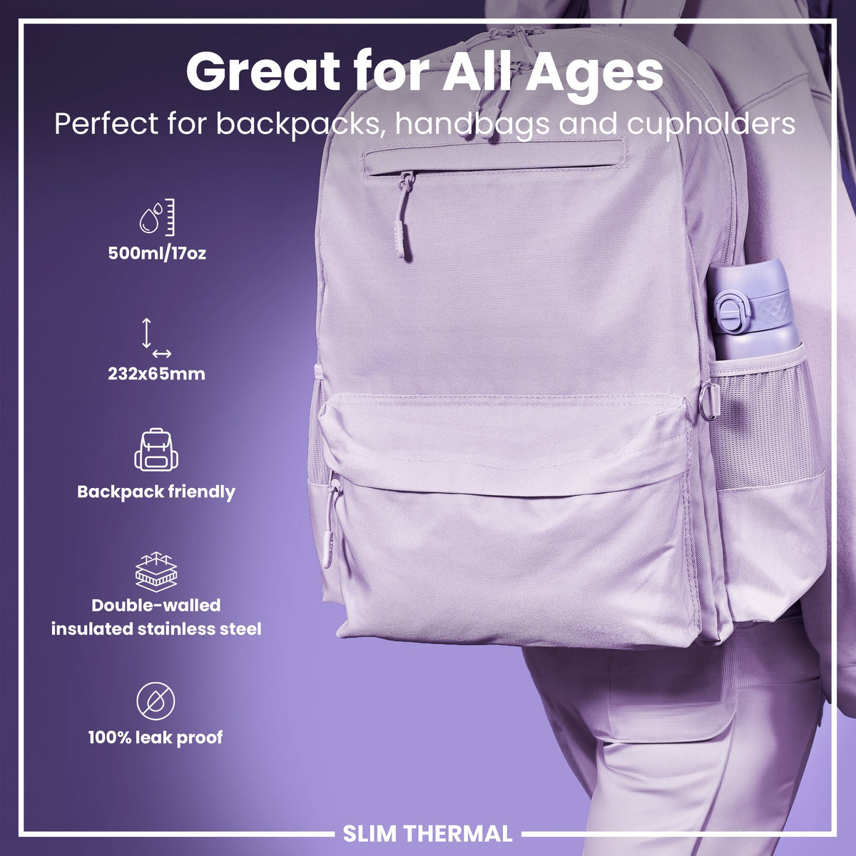 Isolierte Edelstahl-Wasserflasche, Hellviolett, 500 ml