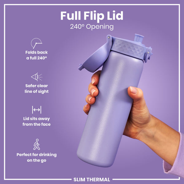 A lavender water bottle with a flip lid is held; the lid opens 240 degrees. The bottle is slim and thermal; text highlights its features for on-the-go use.