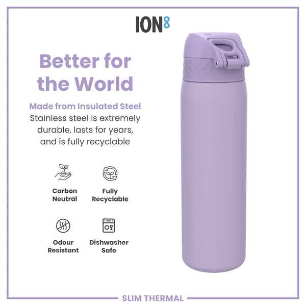 A lavender insulated steel water bottle stands against a white background. The bottle is described as durable, recyclable, odour resistant, and dishwasher safe. The text also advertises it as better for the world, carbon neutral, and made from insulated stainless steel.