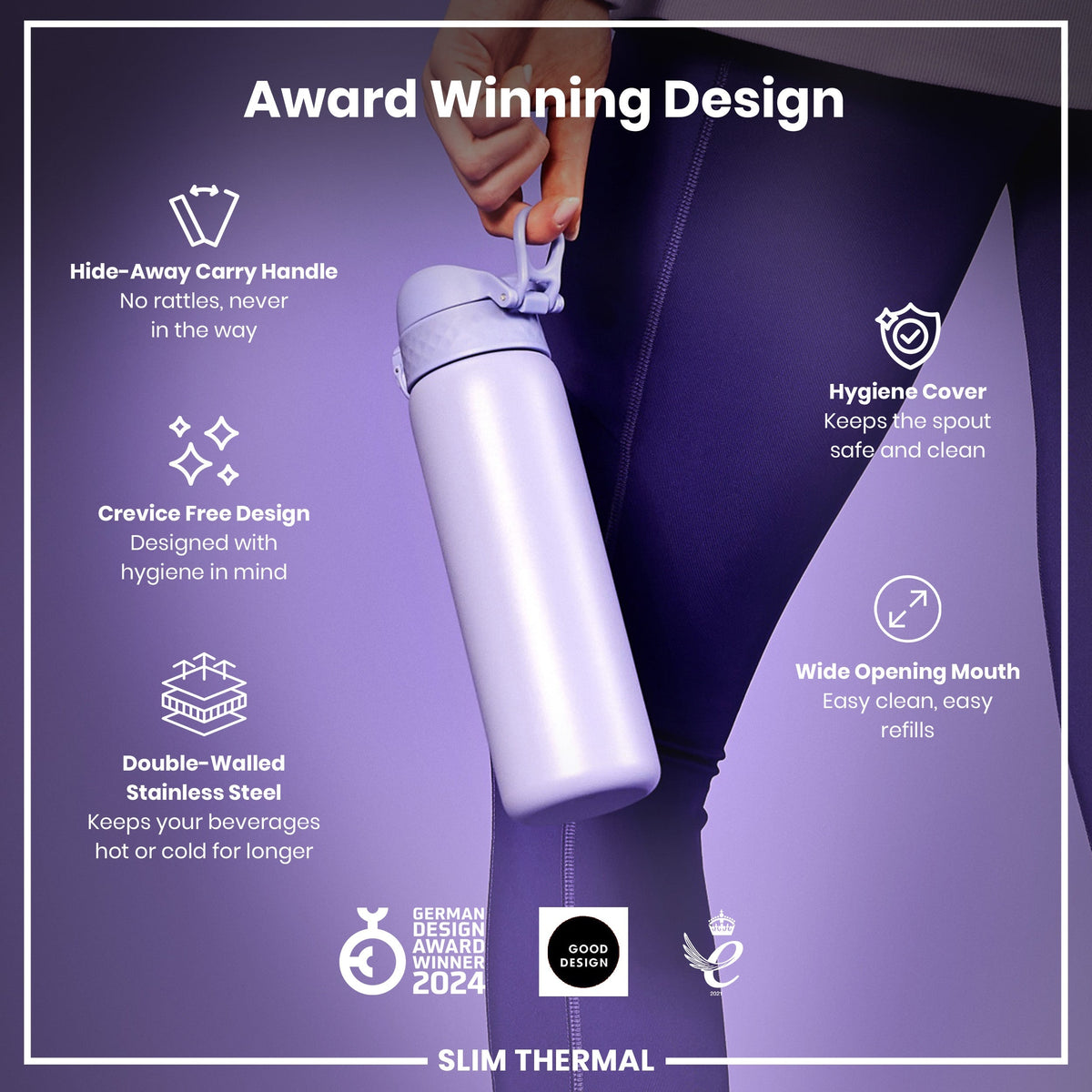 A lavender-colored, double-walled stainless steel water bottle is held by a person; its features are highlighted. The bottle is award-winning, with a hide-away handle, crevice-free design, hygiene cover, and wide opening mouth.