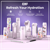 Several water bottles, varying in size and design, are displayed on a pale pink surface. They feature various colorful patterns. The background is a gradient purple. ION8 is prominently displayed.
