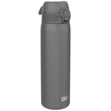 A dark gray ION8 water bottle stands upright against a white background. The bottle has a textured surface and a hinged, snap-top lid.