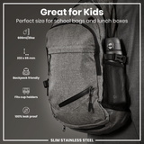 A gray, backpack-sized, stainless steel water bottle is shown in a side mesh pocket of a gray backpack. The bottle is 232 x 65 mm, 600ml/20oz, leakproof, and fits cup holders. 