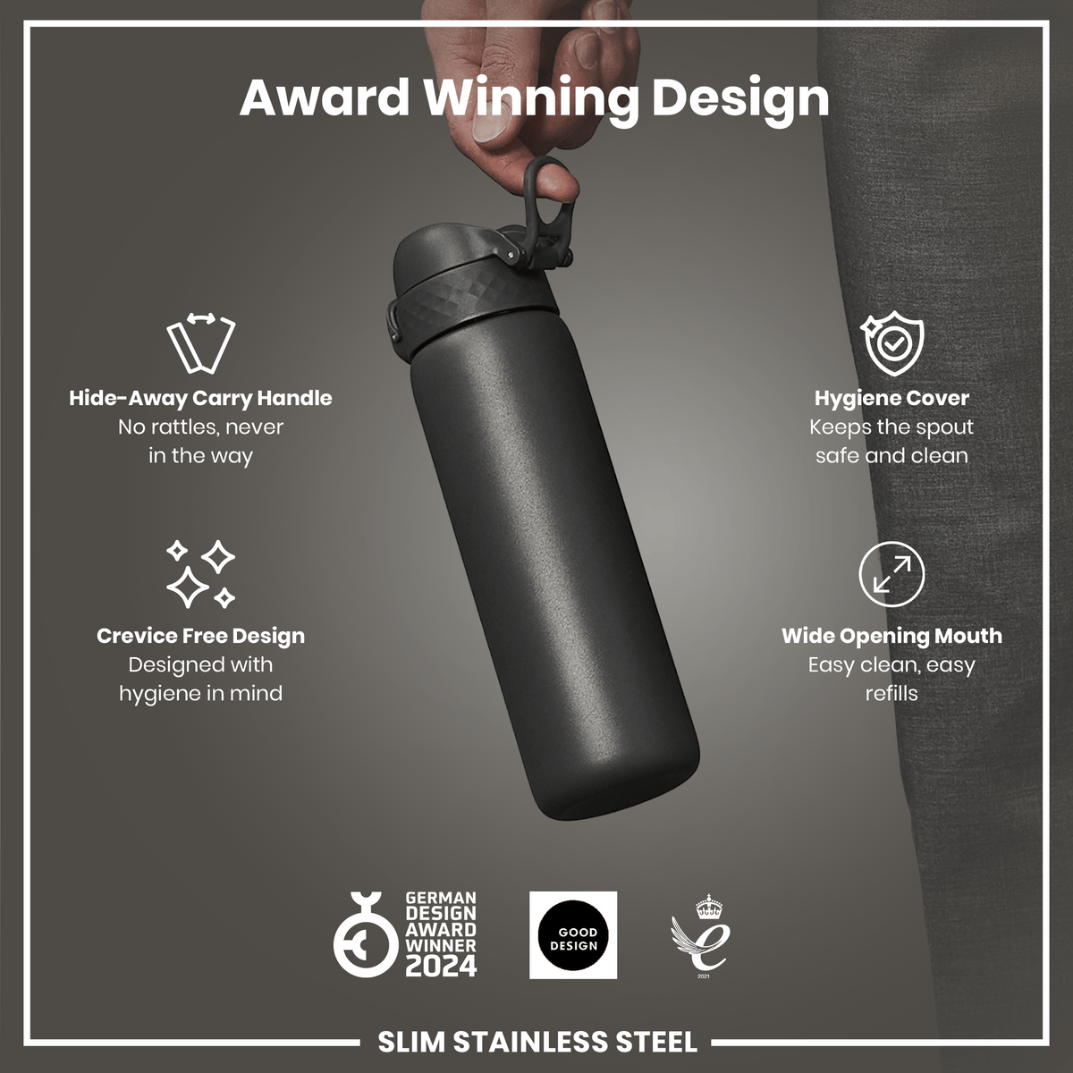 A dark gray, slim stainless steel water bottle is being held. Features include a hide-away handle, hygiene cover, and wide mouth. Awards from 2024 and 2021 are shown.