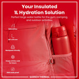 A red, 1L water bottle fits inside a red backpack's pocket; it's insulated, leakproof, and keeps drinks cold for hours. The bottle is backpack friendly, 920ml/31oz, 287 x 81 mm. 