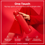 A red thermos is held; its flip top opens one-handed. The context is a red background with product information indicating one-handed use, triple lock security, and leak-proof design. 