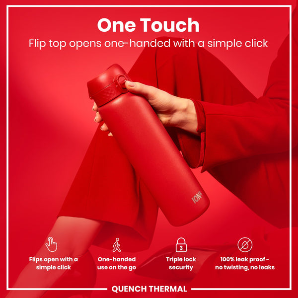 A red thermos is held; its flip top opens one-handed. The context is a red background with product information indicating one-handed use, triple lock security, and leak-proof design. "One Touch," "Flips open with a simple click," "One-handed use on the go," "Triple lock security," "100% leak proof - no twisting, no leaks," and "QUENCH THERMAL" are also visible.
