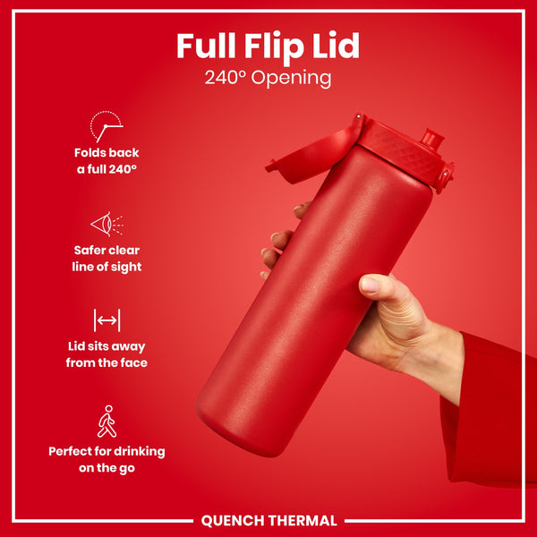 A red water bottle is held, showcasing its 240° opening flip lid. The bottle's features are highlighted in text. The context is a solid red background.