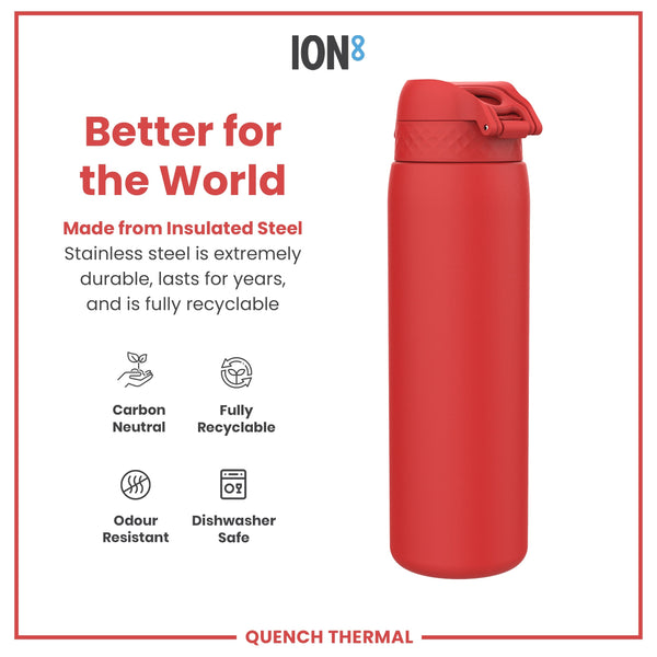 A red insulated steel water bottle sits against a white background. The bottle is described as carbon neutral, fully recyclable, odour resistant, and dishwasher safe.