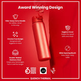 A red, double-walled stainless steel water bottle is being held. It features a hide-away handle, crevice-free design, hygiene cover, and wide mouth. The bottle is an award-winning design.