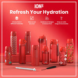 Several red water bottles, varying in size and design, are displayed on a red surface. They are shown alongside accessories. The text reads: 