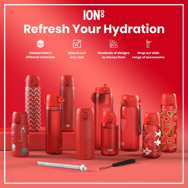 Several red water bottles, varying in size and design, are displayed on a red surface. They are shown alongside accessories. The text reads: "ION8 Refresh Your Hydration Choose from 3 different materials Sizes to suit any user Hundreds of designs to choose from Shop our wide range of accessories".