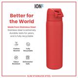 A red, stainless steel water bottle sits against a white background. It is presented as environmentally friendly, durable, and recyclable. The bottle is described as odour resistant and dishwasher safe.