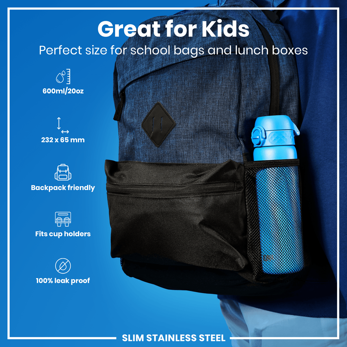 A blue water bottle, fitting in a backpack's side pocket, is shown against a bright blue background. The bottle's dimensions and features are detailed: 600ml/20oz, 232 x 65 mm, backpack friendly, fits cup holders, and is 100% leak proof. It's described as "Slim Stainless Steel" and "Great for Kids".