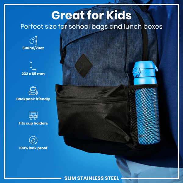 A blue water bottle, fitting in a backpack's side pocket, is shown against a bright blue background. The bottle's dimensions and features are detailed: 600ml/20oz, 232 x 65 mm, backpack friendly, fits cup holders, and is 100% leak proof. It's described as "Slim Stainless Steel" and "Great for Kids".