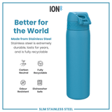 A teal stainless steel water bottle stands against a white background; it's described as better for the world, carbon neutral, fully recyclable, odour resistant, and dishwasher safe.