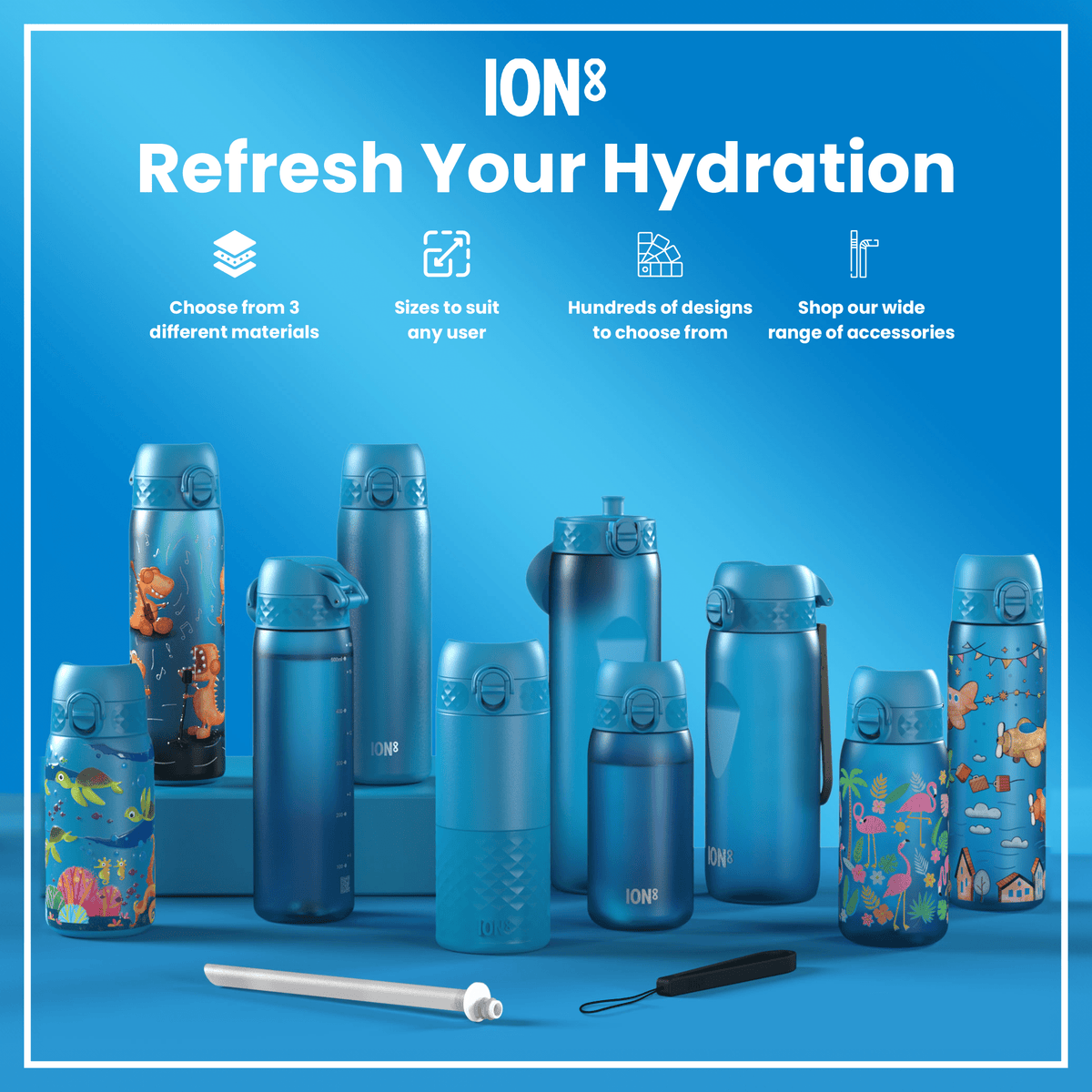 Several ION8 water bottles, of varying sizes and designs, are displayed on a blue surface. They are accompanied by accessories. The background is a light blue gradient.