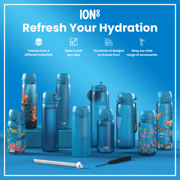 Several ION8 water bottles, of varying sizes and designs, are displayed on a blue surface. They are accompanied by accessories. The background is a light blue gradient.